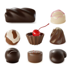 3d Different Chocolate Candies Set Plasticine Cartoon Style Isolated on a White Background. Vector illustration of Assortment Plastic Sweet Cocoa Candy Dessert