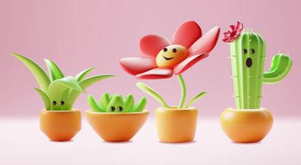 3d Character Mascot Houseplant Set Plasticine Cartoon Style Succulent, Flower and Cactus. Vector illustration of Cute Green House Plant