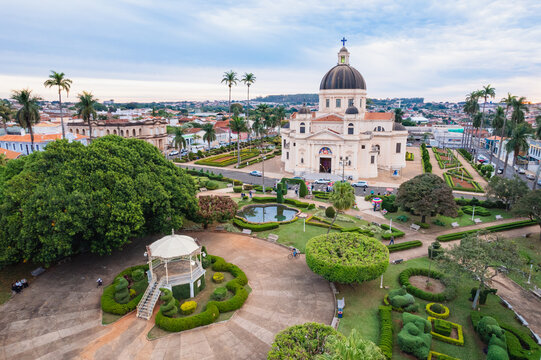 Batatais, S&atilde;o Paulo, Brazil - Circa June 2022: Aerial image of Batatais city, central city square and parish church.