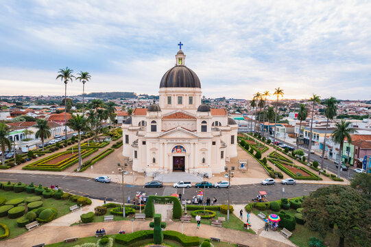 Batatais, S&atilde;o Paulo, Brazil - Circa June 2022: Aerial image of the city of Batatais, Parish Church of the city.