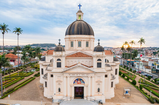 Batatais, S&atilde;o Paulo, Brazil - Circa June 2022: Aerial image of the city of Batatais, Parish Church of the city.