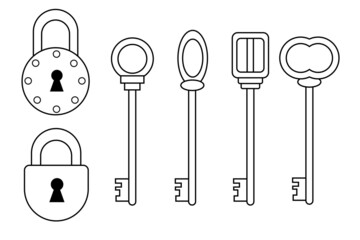 A set of locks and keys of different shapes in a flat style (line art). Vector image.