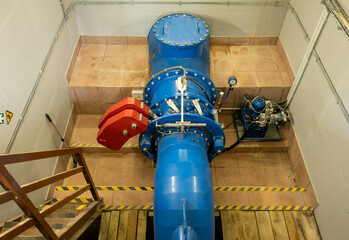 modern river hydroelectric turbine engine room. small rivers of Latvia.