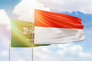 Sunny blue sky and flags of indonesia and saudi arabia