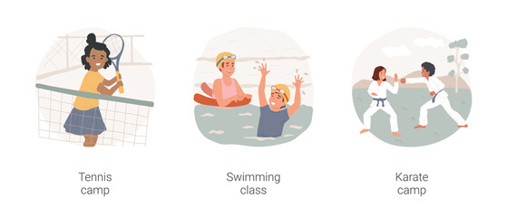 Gradeschoolers motor development isolated cartoon vector illustration set. Tennis camp, swimming class, karate PA day program, afterschool training, physical exercise, kids activity vector cartoon.