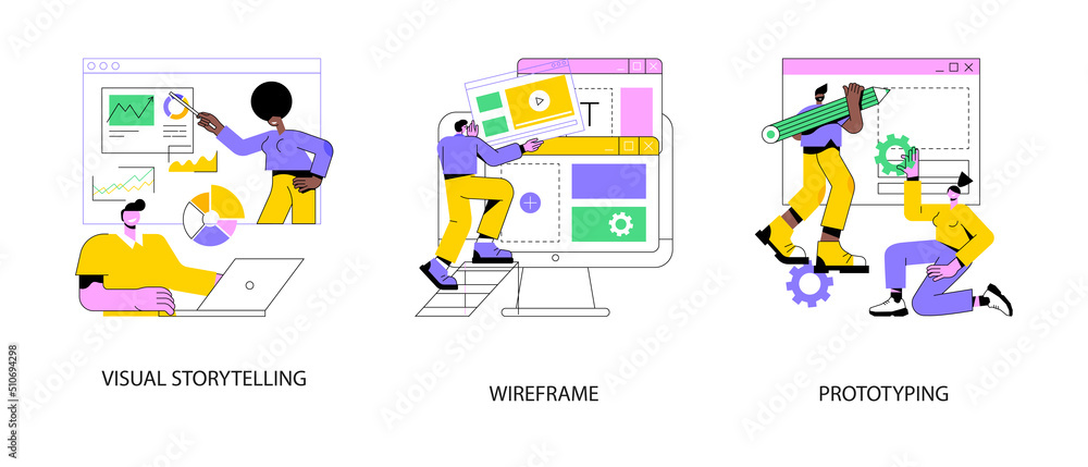 Poster web page layout abstract concept vector illustration set. visual storytelling, wireframe and prototy