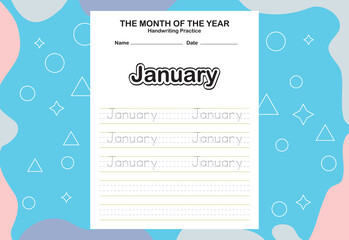 Month name of the year trace and writing practice sheet