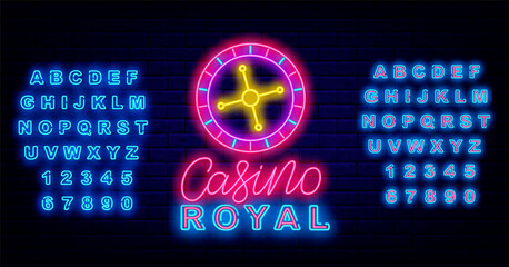 Royal casino neon label. Roulette sign. Shiny blue alphabet. Internet gambling game. Vector stock illustration