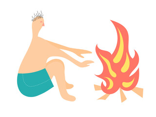 A man in shorts warms himself near a fire. Vector flat illustration.