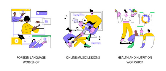 Supplementary education abstract concept vector illustration set. Foreign language workshop, online music lesson, health and nutrition workshop, native speaker course, learn cooking abstract metaphor.