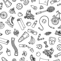 Seamless pattern with sport equipment, isolated on white. Doodle illustration with fitness and healthy lifestyle elements. Vector hand drawn background with sport icons.