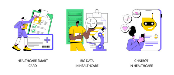 Technology in medicine abstract concept vector illustration set. Healthcare smart card, big data and chatbot in healthcare, electronic patient health records, clinic AI assistant abstract metaphor.