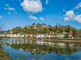 Fototapeta na wymiar Heidelberg river side houses reflection on Neckar river, Germany