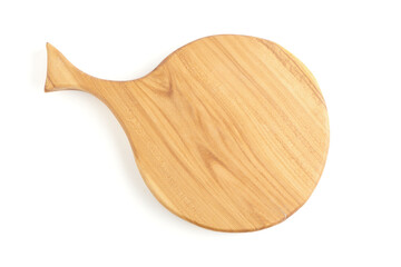 Round wooden cutting board with handle isolated on white background. Kitchen equipment for cooking. Top view.