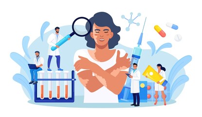 World vitiligo day. Doctor examines patient with skin problems. Happy girl hugs herself with vitiligo. Treatment of autoimmune diseases with tablets, ointments, blood test. Vector design