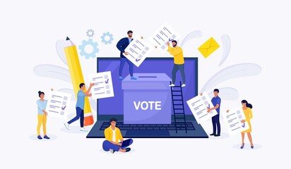 Voting online concept. People putting vote paper in the ballot box on a laptop screen. Online polling, political election or survey, electoral internet system. Vector design - obrazy, fototapety, plakaty