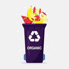 Trash can with organic waste suitable for recycling. Segregate waste, sorting garbage, waste management. Food waste in organic bin. Vector