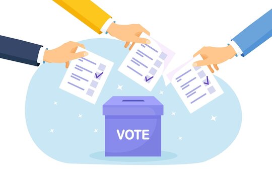 Vote ballot box. Group of people putting pepper vote into the box. Election concept. Democracy, Freedom of speech, justice voting and opinion. Referendum and poll choice event. Vector design