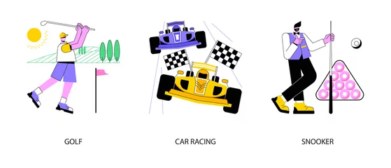 Fototapete Professional sport abstract concept vector illustration set. Golf world championship, Formula 1 automobile sport, snooker biliard game, professional racer, high speed, grand prix abstract metaphor. © Vector Juice