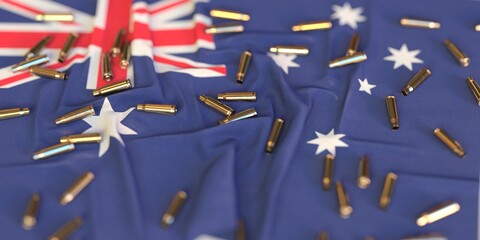 Many bullet shells on the flag of Australia. Gun control or war related 3D rendering