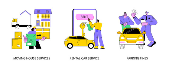 Domestic transport abstract concept vector illustration set. Moving house services, car rental, parking fines, movers and packing, online car booking, key lock, no parking zone abstract metaphor.