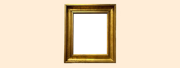Antique art fair gallery frame on beige wall at auction house or museum exhibition, blank template...
