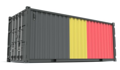 National flag of Belgium on the side of a cargo container. Conceptual 3d rendering