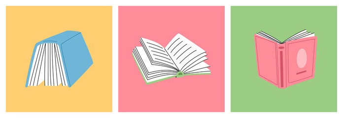 Set of open books. Education and literature concept. Read more. Hand drawn vector illustration isolated on colored background. Modern flat cartoon style.