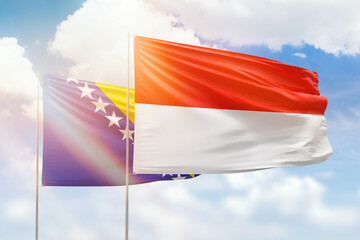 Sunny blue sky and flags of indonesia and bosnia