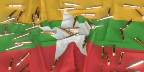 Scattered bullets on the flag of Myanmar. Firearms regulation or army related conceptual 3D rendering
