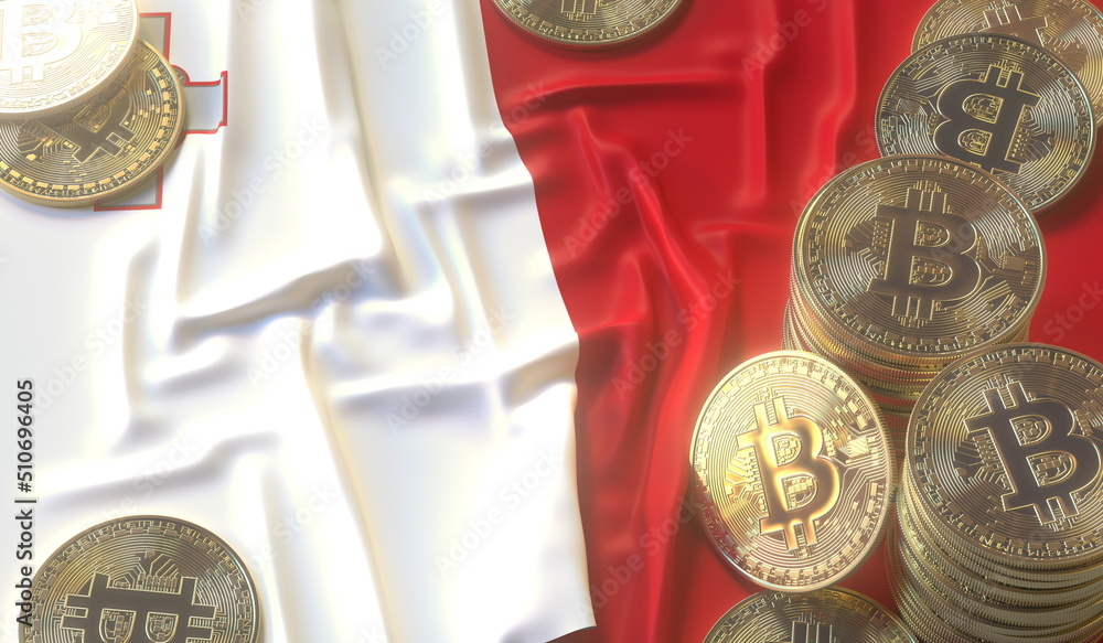 Aufkleber bitcoin tokens and flag of malta. cryptocurrency related 3d rendering