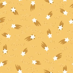 Trendy seamless vector pattern with cute hand drawn stars in the sky. Kawaii magic night background for kids room decor, nursery art, fabric, wallpaper, wrapping paper, textile, packaging, apparel.