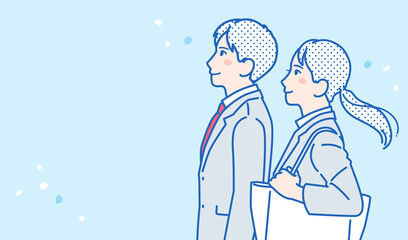 就職活動中の男女と桜のシンプルなベクターイラスト素材