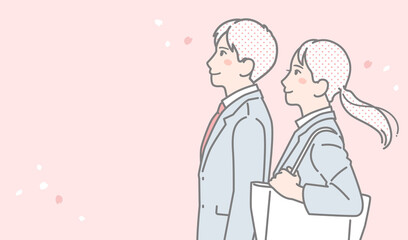 就職活動に挑むスーツの男女と桜のシンプルなベクターイラスト素材