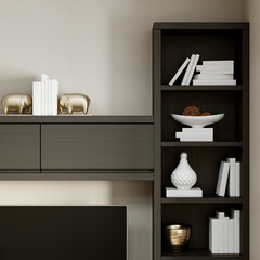 Modern living room interior bookcase and plasma TV. Bookshelf with stands 2 golden elephants. 3d rendering