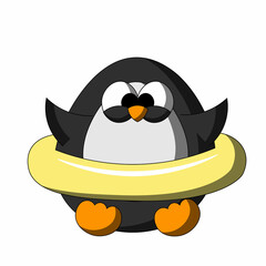 Penguin with inflatable rubber ring. Draw illustration in color