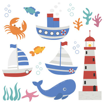 Children's illustration with maritime themes: sailing ship, steamer, whale, lighthouse, starfish and coral. Vector image in doodle style. Hand drawn.