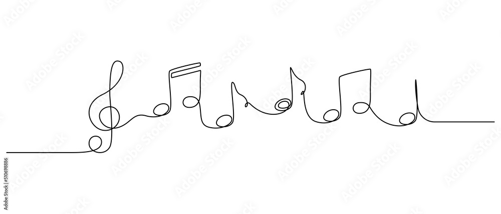Fototapete One continuous line drawing of treble clef and musical notes. Minimalist logo and symbol of sound and music concert in simple linear style. Editable stroke. Doodle vector illustration