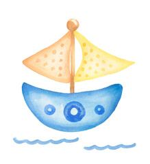 Watercolor transport Illustration, Cute kids boat print clip art,   hand drawn kids party clipart. Yellow and blue ship  transportation. Artwork for textiles, fabrics, souvenirs, baby shower, card