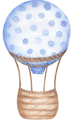 Watercolor transport Illustration, Cute kids airballon print clip art,   hand drawn kids party clipart. Blue air ballon transportation. Artwork for textiles, fabrics, souvenirs, baby shower, card
