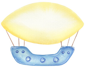 Watercolor transport Illustration, Cute kids airship print clip art,   hand drawn kids party clipart. Yellow and blue transportation. Artwork for textiles, fabrics, souvenirs, baby shower, card