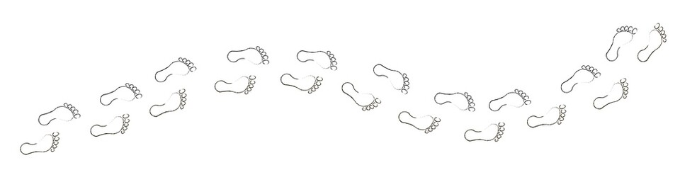 Footprint of a human foot, path with footprints. Background of bare human legs isolated cartoon illustration, repeating wallpaper. Freehand outline  ink   road  for apps, printe, website. Vector EPS10