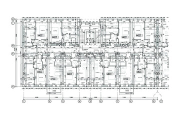 Apartment building detailed architectural technical drawing, vector blueprint floor layout