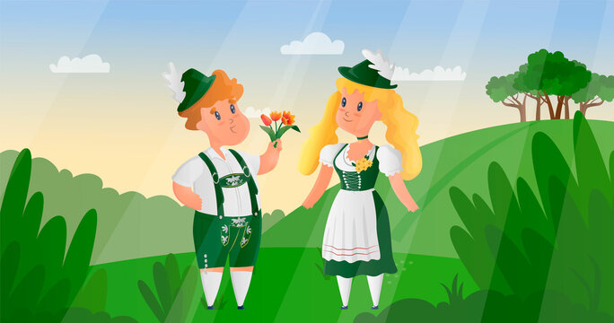Vector cartoon isolated illustration with characters in traditional German, Bavarian costumes. A young man gives a woman bouquet of flowers, tulips. It can be used in web design, banners, etc.