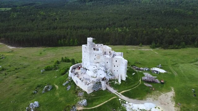 Mirow castle ruins in Poland. Polish Jurassic highland trail. Drone view.