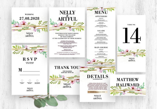 Wedding Invitation Stationery Set with Rustic Flower Floral Illustrations