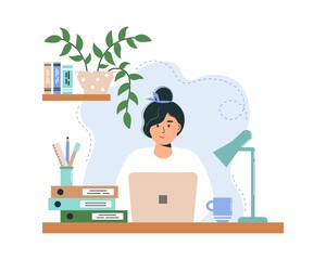 Female character studying or working. Girl with laptop. Table with folders, coffee cup, lamp. Freelancer at work. Concept remote work or study. Cute flat vector illustration.
