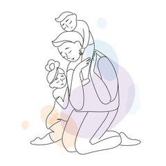 Caring father with children vector illustration in modern style isolated on white background.Line art drawing male dad with little son and daughter.Father's day illustration.Happy family concept