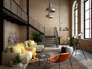 Industrial loft living room interior with sofa,lamp and brick wall.3d rendering