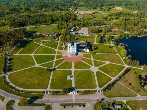 Beautiful Aerial view of the white Chatolic Church basilica in Latvia, Aglona. Basilica in Aglona, Latvia.